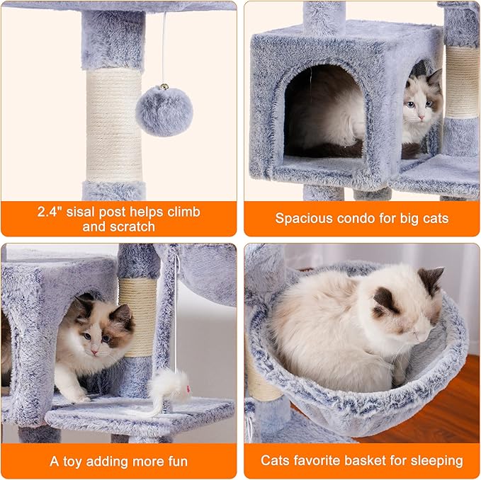 Heybly Cat Tree with Toy, Cat Tower condo for Indoor Cats, Cat House with Padded Plush Perch, Cozy Hammock and Sisal Scratching Posts, Pewter HCT004SPE