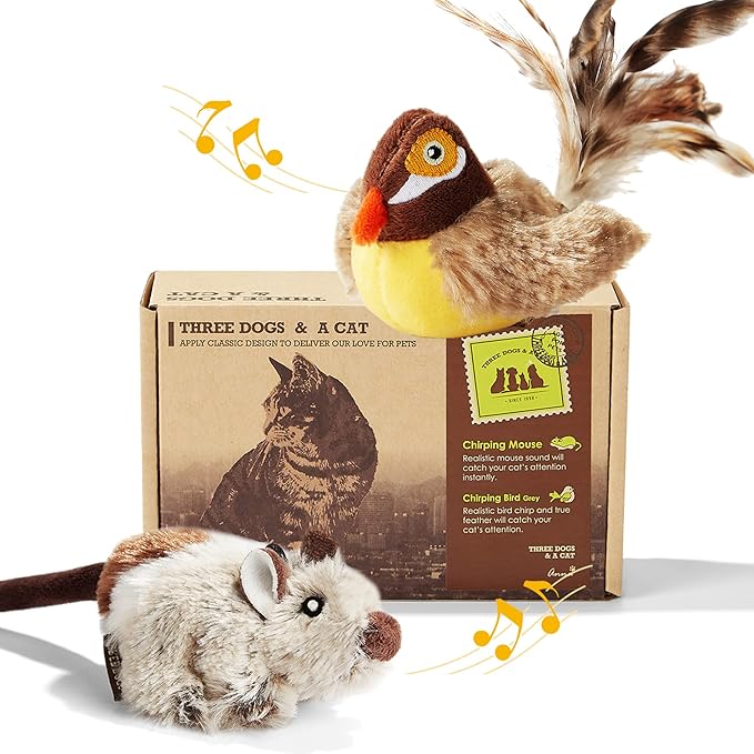2 Pack Cat Toys Interactive for Indoor Cats Feather Squeaky Bird & Mouse Kitten Plush Toys, Three Dogs & A Cat Melody Chaser Motion Activated Kitty Toys with Bird Chirping