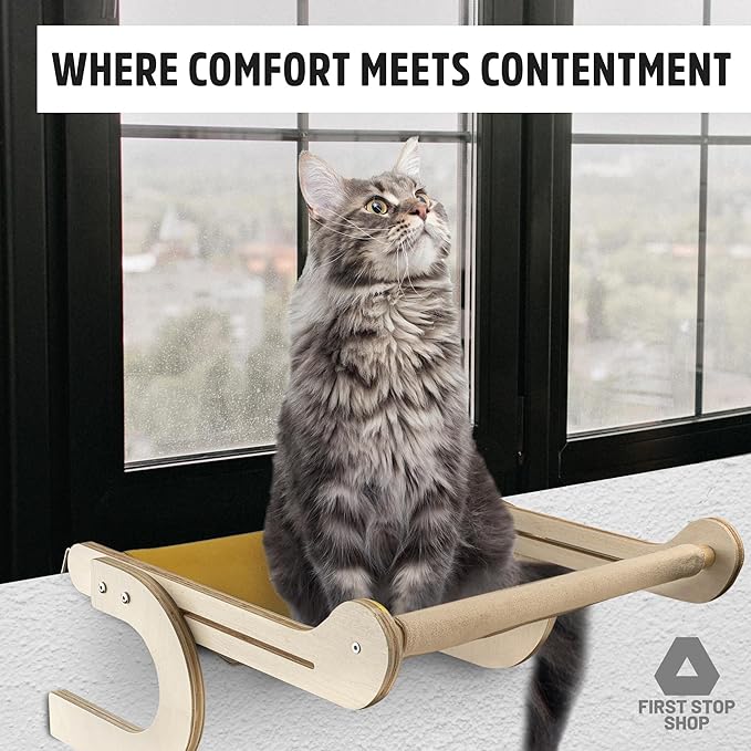 Cat Window Perch with Comfortable Bedding - Cat Perch for Window & Wall - Easy to Install Wooden Cat Window Hammock - Window Cat Perch for Small & Large Cats (Yellow & Beige)