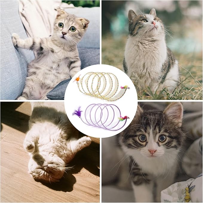 2pcs, Folded Cat Tunnel Spring, 10in Large Size Portable Cat Toy Spiral Tunnel, with Synthetic Feather and Toy Mouse Tunnel Spring Outdoor Puppy Kitten Generic (Striped Yellow, Purple)