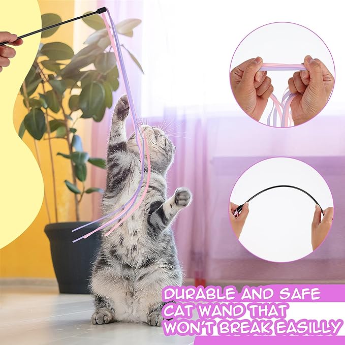 Amaxiu Cat Ribbon Wand Toys, 3pcs Interactive Cat Rainbow Wand String Toys for Indoor Cats Colorful Ribbon Charmer for Kittens Teaser Training Exerciser Playing Catcher Accessories