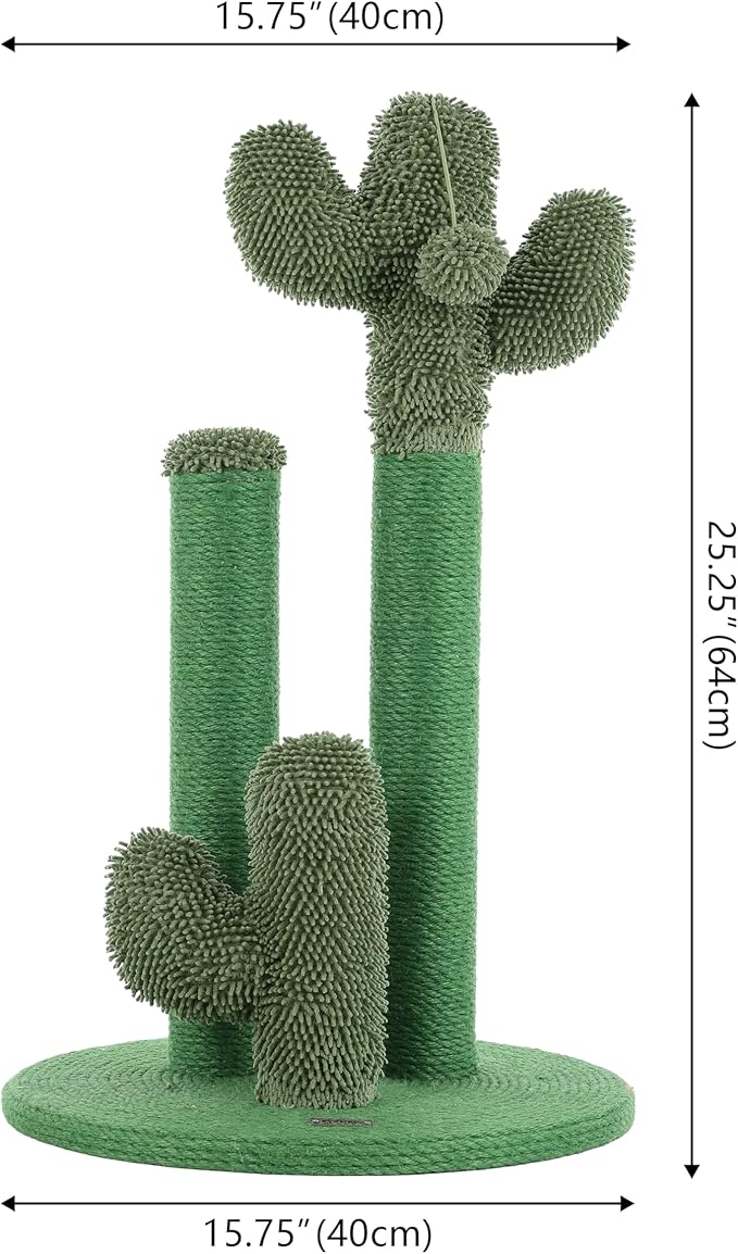 CTR1009A Marfa 25.25" Modern Jute Triple-Cactus Cat Scratching Post with Fuzzy Toy, Green