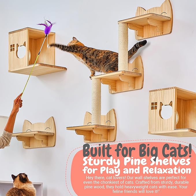 IDAE Cat Wall Shelves Set of 9, Cat Wall Furniture for Large Cats - Modern Cat Shelves and Perches, Wall Mounted Cat Climber with House, Steps, Scratcher - Natural Wood Climbing Shelf for Indoor Cats