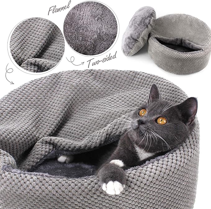 Winsterch Washable Cat Bed - Round Soft, Cozy & Warming for Indoor Cats. Calming Kitten Pet Bed. Small Cat Pet Covered Cat Cave Beds (Gray,12.59 x 12.59 x 5.91 in)