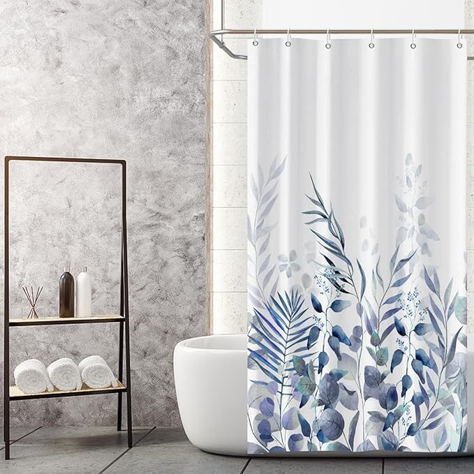 AWERT Shower Curtain Plants for Bathroom,Waterproof Quick-Drying Blue Leaves Shower Curtain Set with Hooks 48x72 Inch
