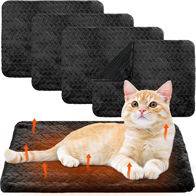 4 Pack Self Heating Cat Pad Self Warming Cat Mat Non Slip Warm Dog Bed Pad Mat Washable Pet Kennel Pad Crate Bed Mat Removable Cover Cat Blanket for Indoor Outdoor(Black,16 x 20 Inch)