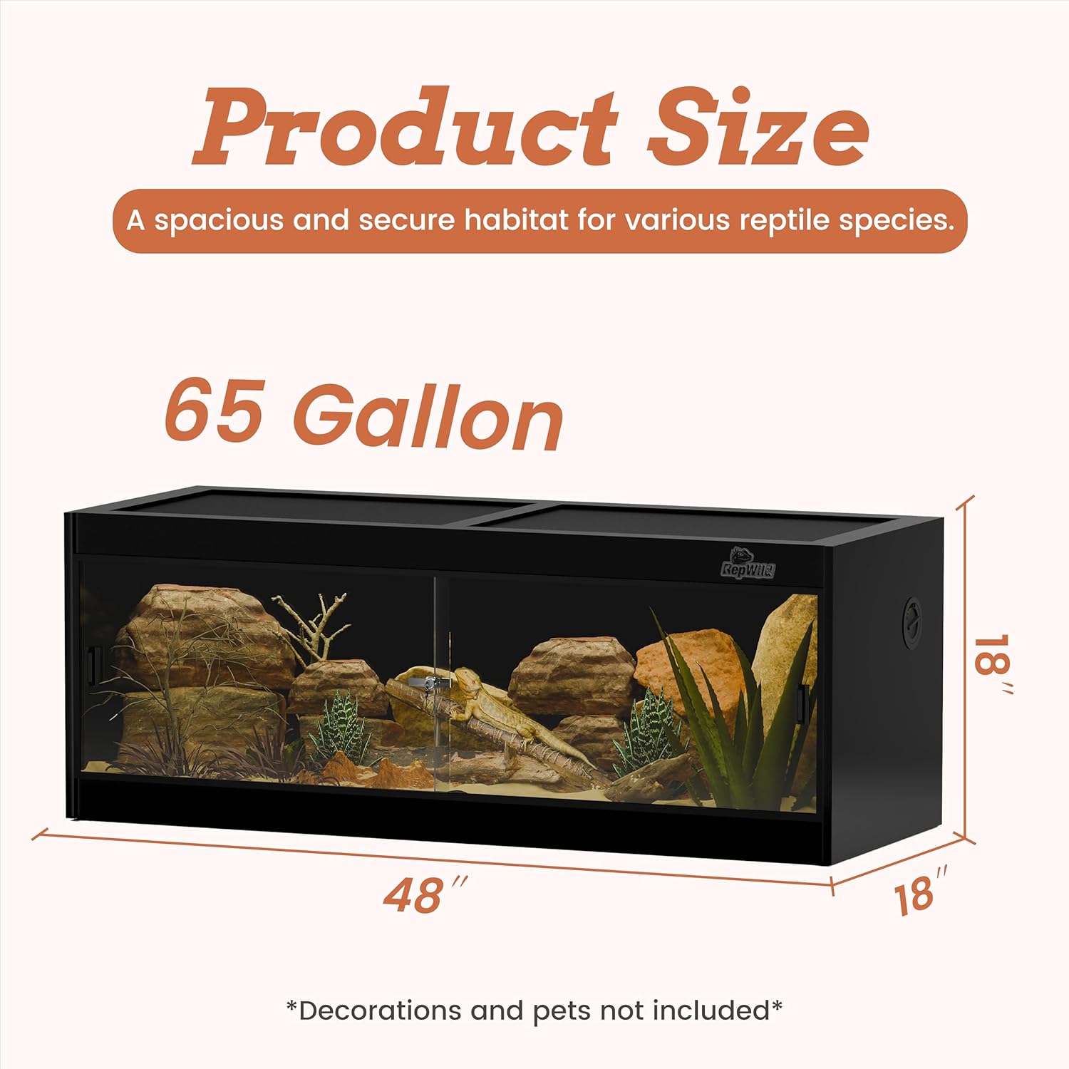 65 Gallon PVC Reptile Enclosure, RepWild 48"x18"x18" Terrarium/Tank with Heavy-Duty Screen Top, Glass Sliding Doors & Lock for Bearded Dragons, Ball Python, Geckos, Lizards