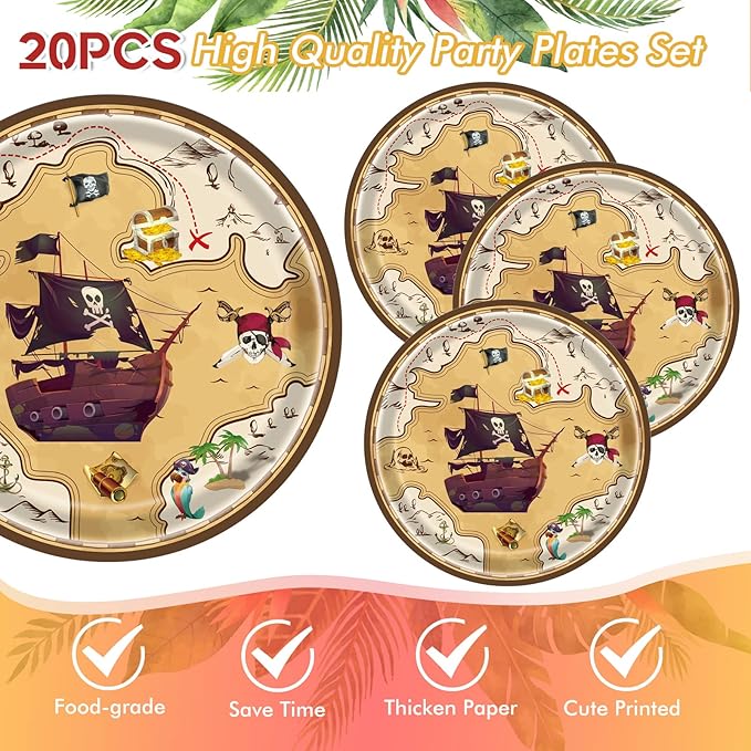41 Pieces Pirate Party Tableware Set Pirate Birthday Party Decorations Includes Treasure Map Plates Nautical Napkins and Plastic Island Treasure Tablecloth for Treasure Theme Birthday Party Decoration