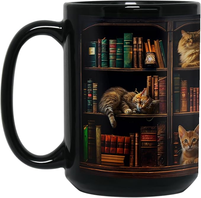2IMT Cat Book Mug Book Lovers Gifts for Readers - Book Lover Bookish Gifts for Bookworm Women - Library Bookshelf Mug - Best Gift for Cat Lover - Reading Writer Women Black Coffee Cup 15oz