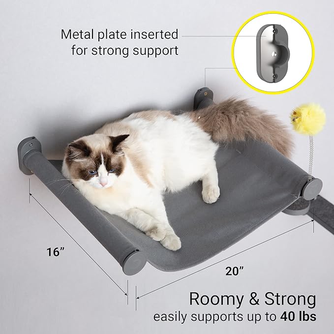 SVD.PET Wall Mounted Cat Hammock with Cat Toy, Easy-to-insall Cat Wall Shelf with Soft Pad on This Premium Kitty Furniture, Modern Design. Easily Supports up to 40 lbs (Easy-Install, Dark Grey)
