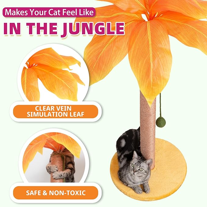 Cat Scratching Post 23.6 inch Cute Cat Scratcher Kitten Scratching Post with Sisal Rope for Indoor Cats Palm Tree Cat Scratching Post with Dangling Balls for Small Cats, Yellow