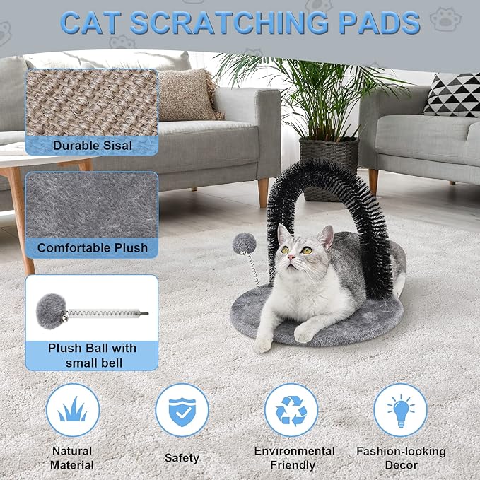 Cat Scratching Post with Cat Arch,Cat Self Groomer Massager Hair Brush Cat Scratcher Toys Fur Grooming Toy with Interactive Balls for Indoor Cats- Reversible Design