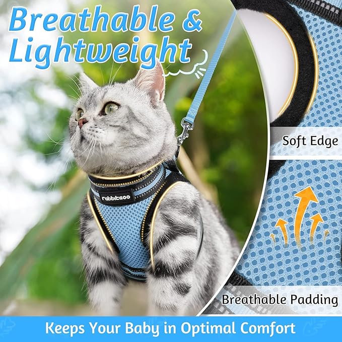 rabbitgoo Cat Harness and Leash Set for Walking Escape Proof, Adjustable Soft Kittens Vest with Reflective Strip for Cats, Comfortable Outdoor Vest, Light Blue, XL
