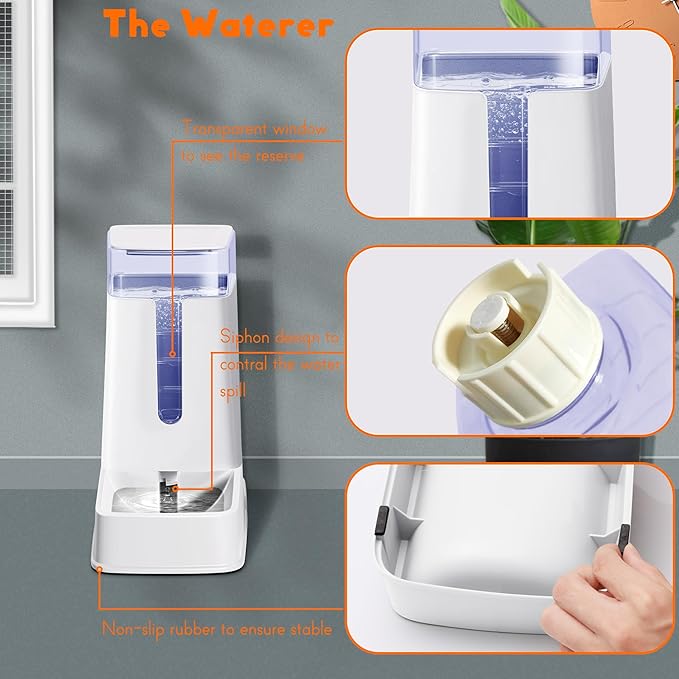 2 Packs Automatic Cat Feeder and Waterer, Gravity Dog Food and Water Dispenser Set for Small Medium Big Pets Cats Dogs Puppy Kitten, 1 Gallon x 2