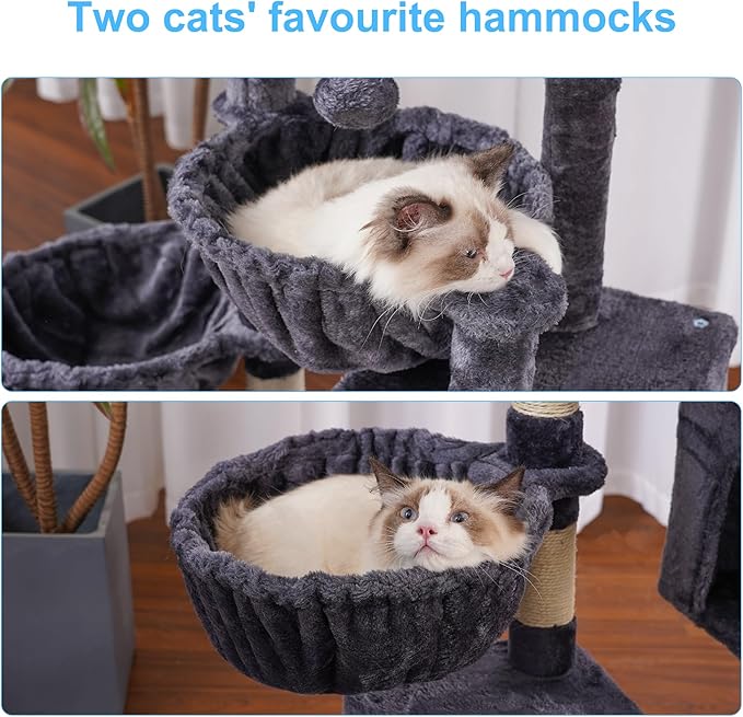 Hey-brother Cat Tree, Cat Tower for Indoor Cats, Cat House with Large Padded Bed, Cozy Condo, Hammocks, Sisal Scratching Posts, Big Scratcher, Smoky Gray MPJ006SG