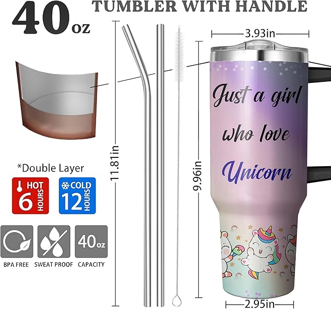 40 Oz Unicorn Tumbler with Handle and Straw, Unicorn Cup Double Wall Stainless Steel Unicorn Mug, Leak Proof Unicorn Water Bottles for Girls, 40 Oz Unicorn Insulated Cup and Unicorn Gifts for Women