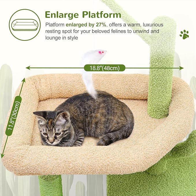 F46C Versatile Play Cactus Cat Tree Tower | 46-Inch Sturdy Cat Condo with Scratching Posts, Hammock, Multiple Platforms & Anti-Tip Kit for Large Multi-Cats | Premium Quality Materials, Green