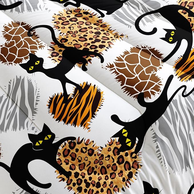 AILONEN Black Cat Comforter Set Queen Size, 3-Piece Hearts Leopard Printed Microfiber Bedding Set for Girls Women,Funny Cat Kitten Comforter with 2 Pillowcases