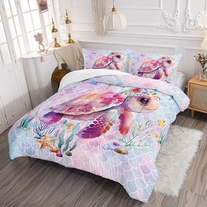 Axolotl Turtle Bedding Set Twin,Colorful Underwater World Comforter Set for Kids Boys Girls Teens,Ocean Comforter Set with Jellyfish,Kids Bedding Set Print Colorful Fish Scales,1 Quilt 2 Pillowcases