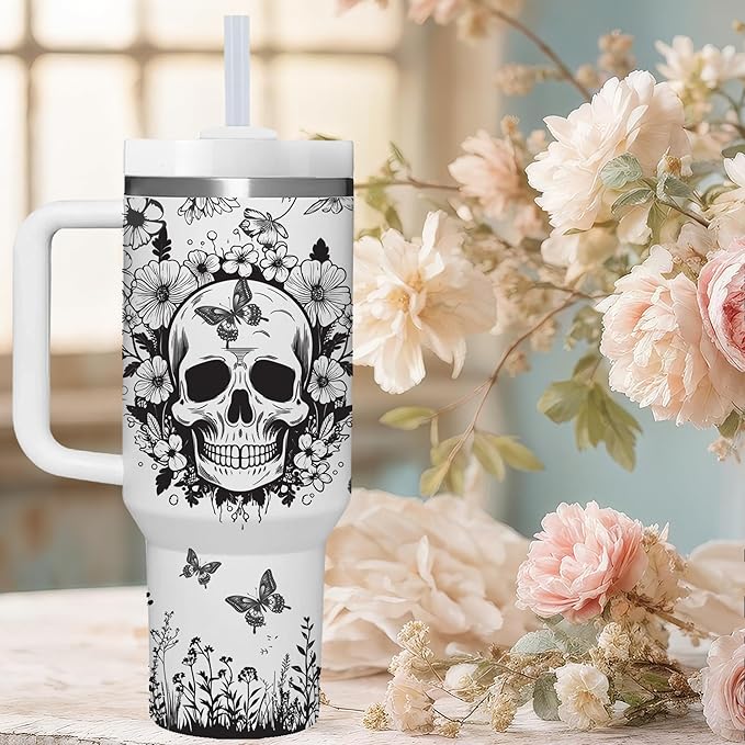 AMZUShome 40 OZ Goth Skull Tumbler with Handle.Skull Lover Tumblers Gift.Unique Birthday Christmas Halloween Goth Skull Cup Gifts.40 OZ skull Tumbler Gifts for Women.
