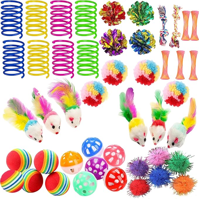46 PCS Cat Toys for Indoor Cats, Kitten Toys with Cat Spring Toy, Mint Catnip Toys for Cats with Crinkle Cat Toy Mouse Cat Ball Toy for Indoor Cats Kittens Exercise