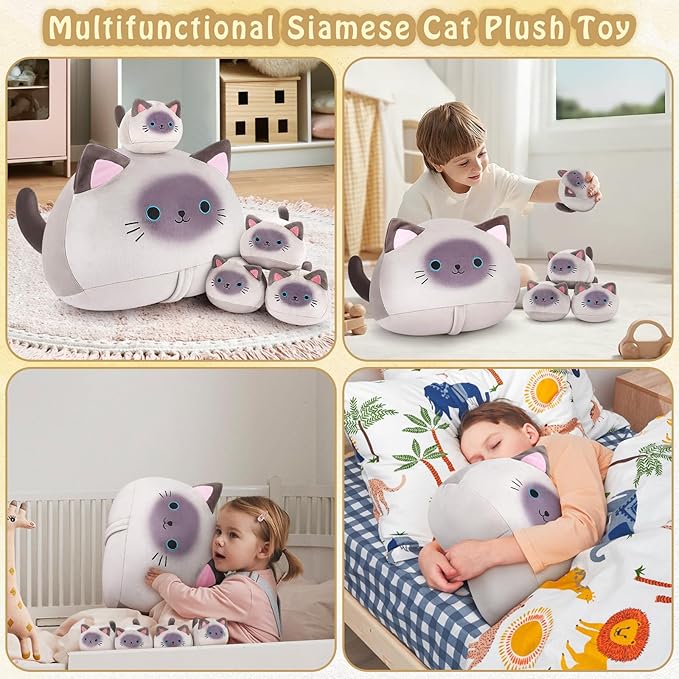 5 PCS Siamese Cat Plush Stuffed Animal Family-19" Soft Siamese Cat Plush, Large Mommy Plushies with 4 Baby Kittens Plushies for Kids, Kawaii Plush Toy Christmas Birthday Gifts for Kids Boys Girls