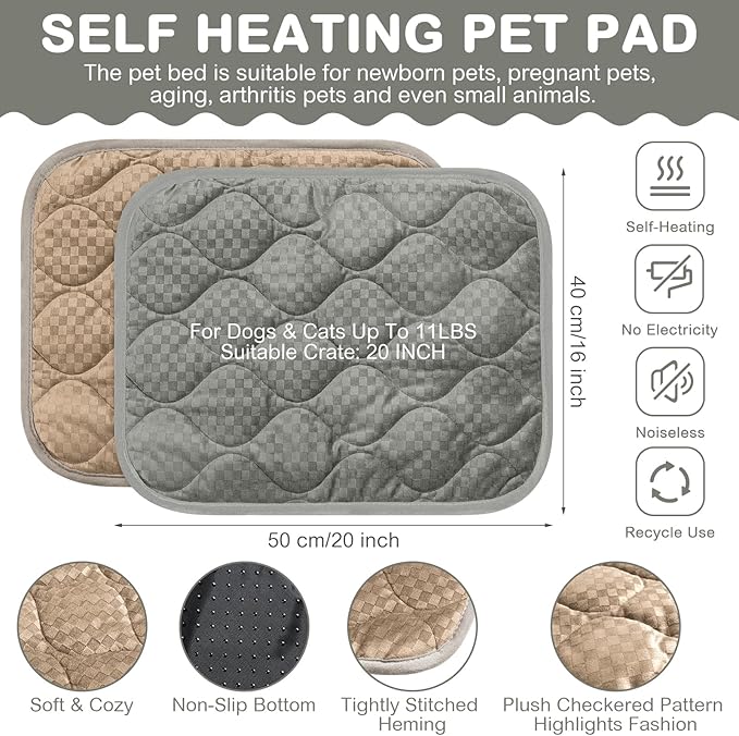 4 Pack Self Warming Cat Bed 16 x 20 Self Heating Cat Mat Warm Thermal Pet Pad Washable Dog Crate Pad Body Heat Dog Cat Bed Mat Blanket Non Slip Bottom for Outdoor Indoor Pets(Grey,Camel)