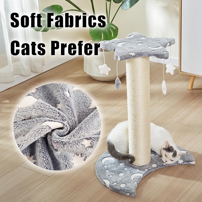 LUCKITTY Small Cat Scratching Post with Star Moon Design, Glow-in-The-Dark Fabric, 5 Plush Toys, Kitten Stratcher Tree Protecting Your Furniture,16 in Wide by 20 in High