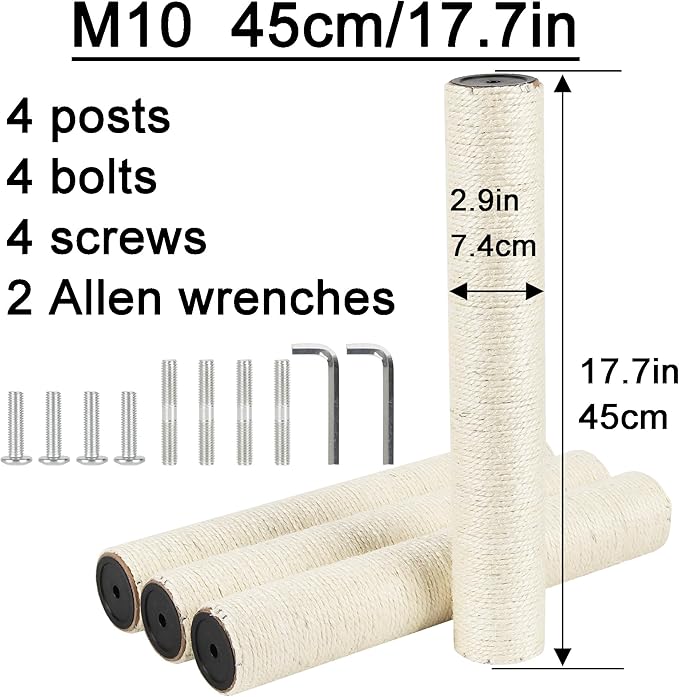 4 Pcs 2.9in 7.4cm Diameter Cat Tree Replacement Post Scratching Sisal Pole (M10, 17.7in/45cm)