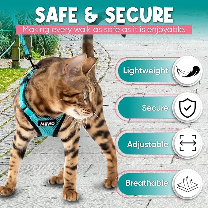 MeWO Cat Harness and Leash Set - Escape Proof, Reflective, Adjustable for a Safe & Snug Fit, Cat Walking Harness and Leash Cat Leash and Harness Set Cat Leashes and Harnesses for Walking Cat Harnesses