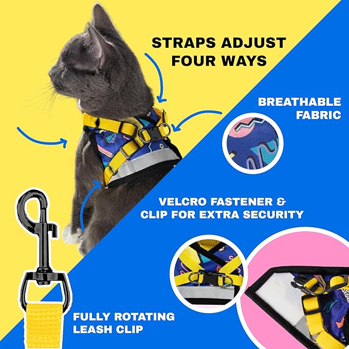 Travel Cat Harness and Leash Set - Adjustable Fit Mesh Cat Harness and Reflective Strap - Comfort Escape Proof Harness for Cats, Kitten for Outdoor Walking, Hiking (Large, 90s Cat)