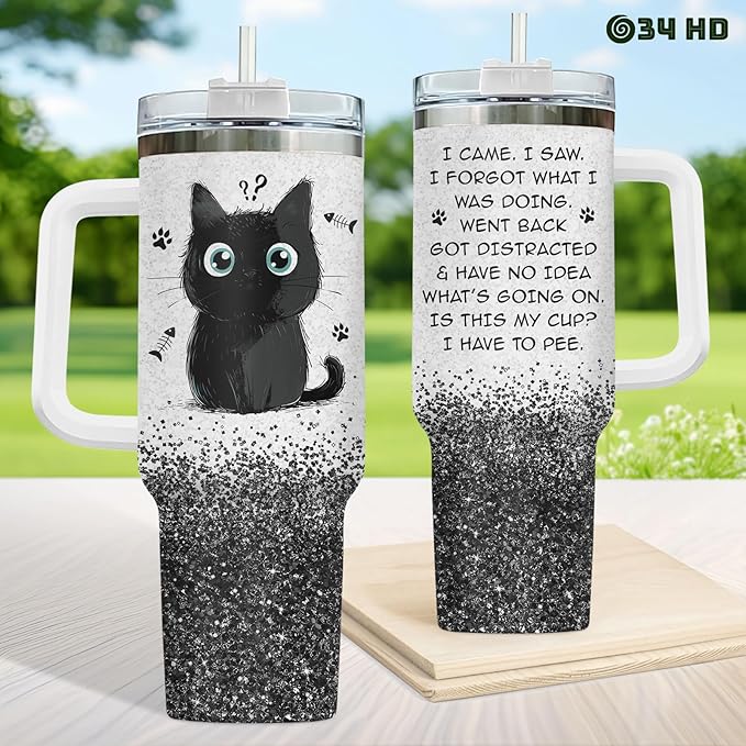 34HD Funny Black Cat Tumbler with Handle and Straw, 40oz Cute Furry Friend Travel Mug Stainless Steel, I Came I Saw Cup, Birthday Gifts for Cat Lovers Women Men