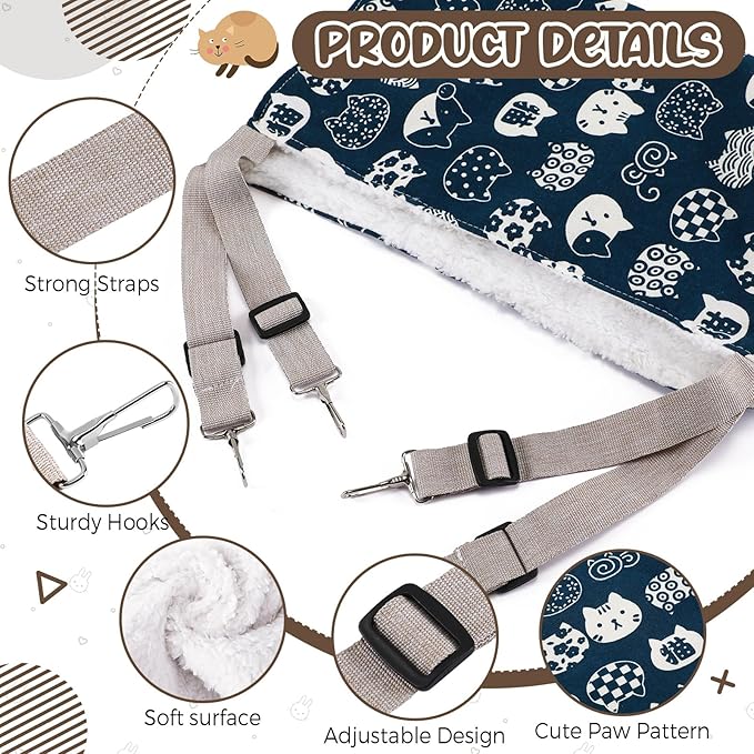 Barydat 6 Pcs Reversible Cat Hammock Bed 18.9 x 15 Inch Soft Breathable Pet Cage Hammock with Adjustable Straps Ferret Hammock Double Sided Cat Hammock Hanging for Kitten Puppy or Small Pet (Fabric)