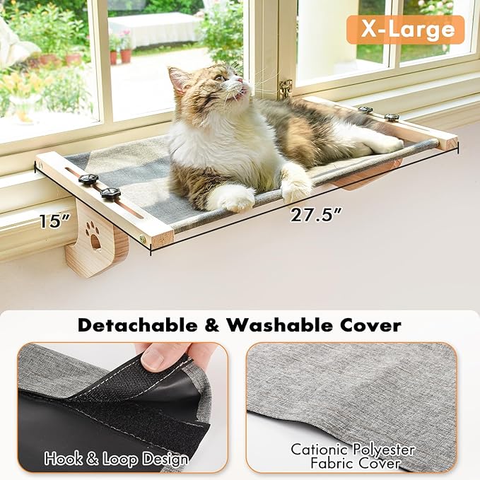 AMOSIJOY Cat Sill Window Perch Sturdy Cat Hammock Window Seat with Wood & Metal Frame for Large Cats, Easy to Adjust Cat Bed for Windowsill, Bedside, Drawer and Cabinet