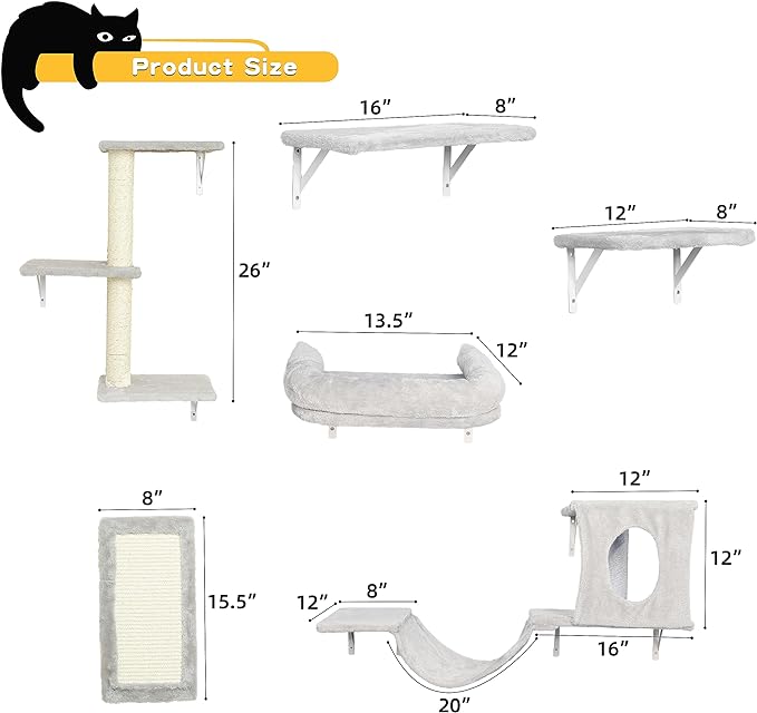 Wall Mounted Cat Furniture, 6pc Cat Wall Furniture, Cat Climber with Cat House, Bridge, Tree, Steps, and Scratcher, DIY Cat Walls Playground, Cat Shelves for Indoor Wall Furniture Set - Grey