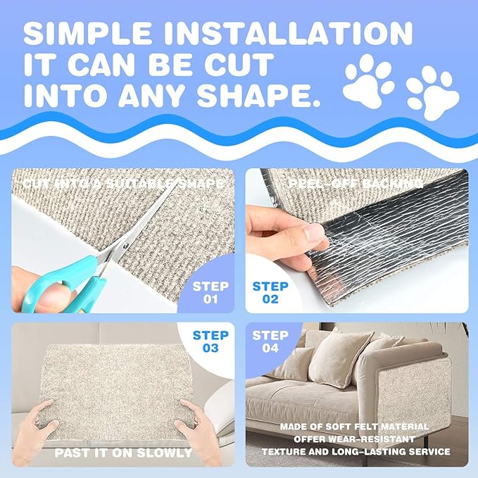 Cat Scratching Mat 78.7"x15.8" Self-Adhesive Cat Furniture Protector, Climbing Cat Scratch Pad for Cat Tree, Sofa, Wall, and Furniture DIY Protection(Cream White)