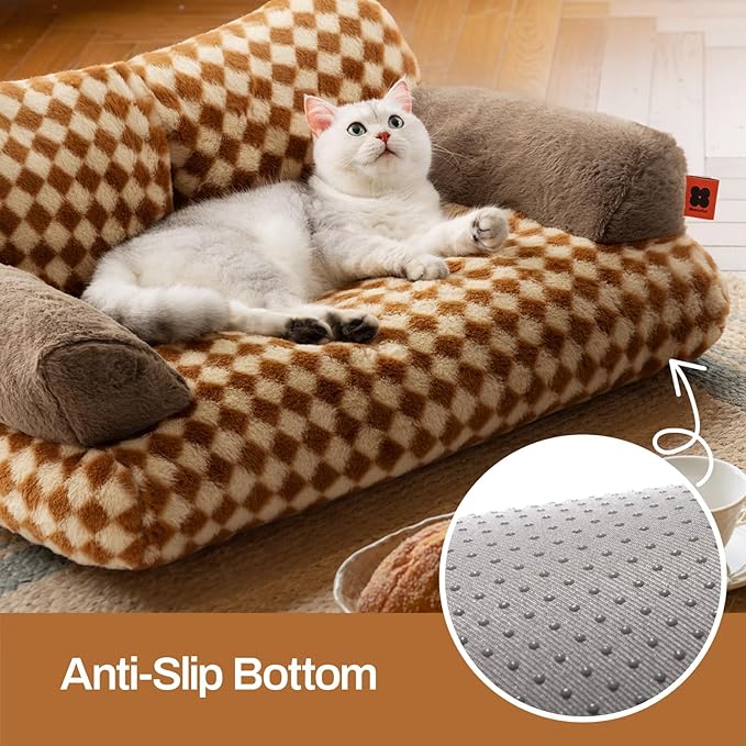 MEWOOFUN Cat Couch Bed for Indoor Cats, Washable Small Dog Beds for Medium Small Dogs & Cats up to 25 lbs, Fluffy Pet Beds with Non-Slip Bottom, 26×19×13 Inch (Brown)