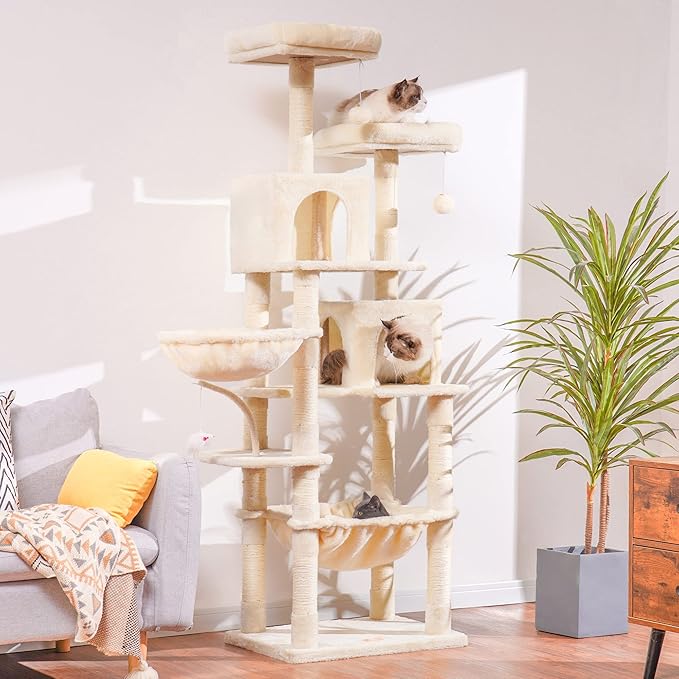 Heybly Cat Tree, 70 inches Tall Cat Tower condo with Toy for Indoor Large Cats, Cat House Furniture with Padded Plush Perch, Cozy Hammock and Sisal Scratching Posts,Beige HCT032M