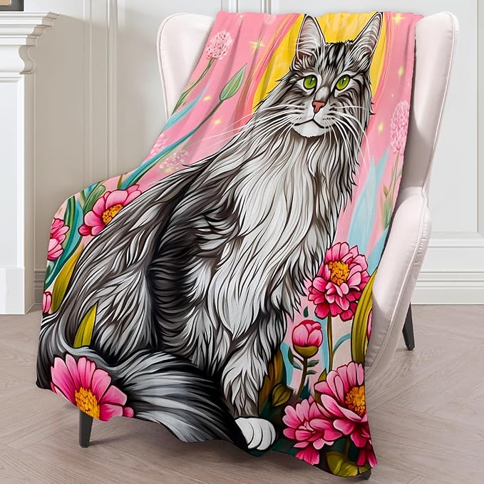 Aesthetic Maine Coon Cat Blanket - Super Soft, Cozy, Lightweight Flannel Throw - Warm, Plush Blanket for Couch, Bed, Office, Travel, Outdoor Ideal Gift for Adult - 80×60in
