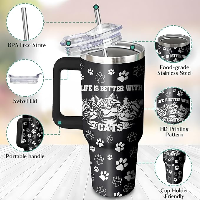 40 Oz Black Cat Tumbler With Handle and Straw, Double Wall Stainless Steel Insulated Mug for Cat Lovers, Mom or Dad - Cups Gifts for Women