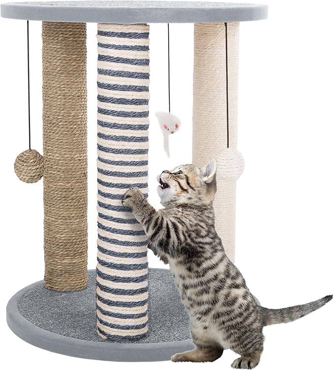 Cat Scratching Post - 3 Scratcher Posts with Carpeted Scratch Pad Base and Perch - Furniture Scratching Deterrent for Indoor Cats by PETMAKER (Gray)