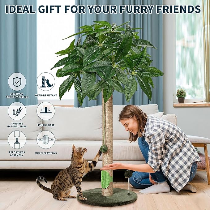 Cat Scratching Post 33" Scratching Posts for Indoor Cats Adults and Kitten, Cat Scratching Post Tall with Sisal Rope, Cute Cat Tree Scratching Post with Hanging Ball