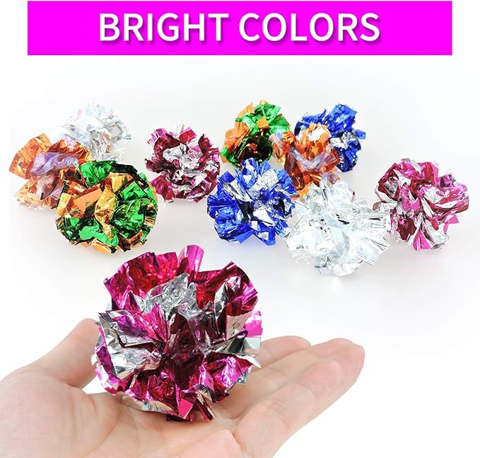 Andiker Cat Crinkle Balls, 2.36 Inches Colorful Balls Chew and Chase Cat Mylar Crinkle Balls Lightweight for Indoor Cats to Keep Fit and Active (10 pcs)