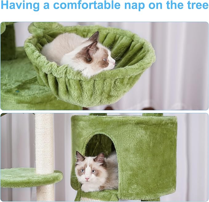 Hey-brother Cat Tree with Scratching Board, Cat Tower with Padded Plush Perch and Cozy Basket, Multi-Platform for Jump, Green MPJ005GR