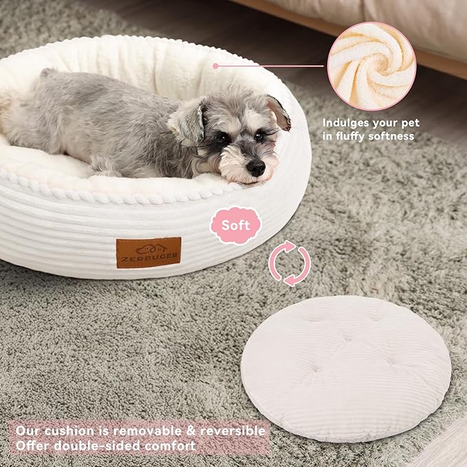 30in Cream Round Cat Dog Bed for Large Medium Small Dogs Cats, Machine Washable Sleeping Sofa, Non-Slip Bottom Breathable Soft Calming Pet Cuddler for Indoor/Outdoor/Car/Cage, Fit up to 45lbs