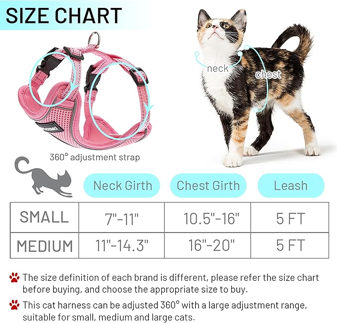 Cat Harness - Escape Proof Reflective Cat Harness and Leash for Small to Large Cats, Puppy, Small Dog - Adjustable Mesh Breathable Pink Cute Cat Harness for Walking Training Hiking