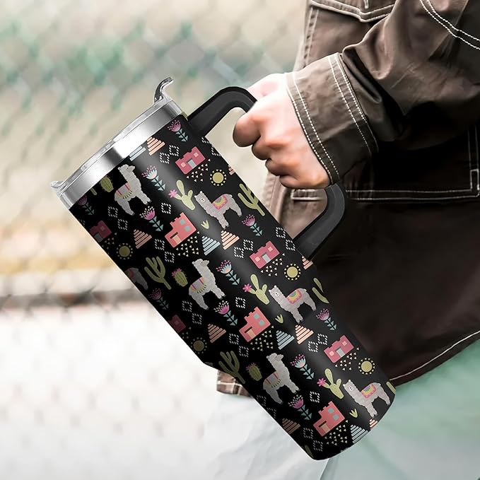 40 Oz Llama Tumbler with Handle and Straw, Double Wall Stainless Steel Llama Cup, Alpaca Mug Insulated Llama Coffee Mug, 40 Oz Llama Mugs with Handle and Straw for Women Gifts