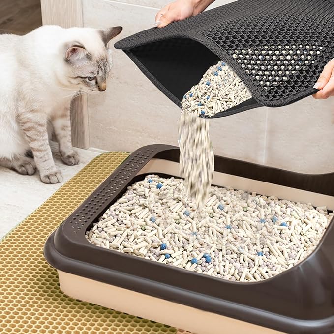 2025 𝗡𝗘𝗪 Waterproof Cat Litter Mat | Double Layer EVA, Odor-Free Large Grid | Urine Proof & Easy Cleanup | Soft on Paws | Versatile Design for Litter and Feeding (Black, 18×25)