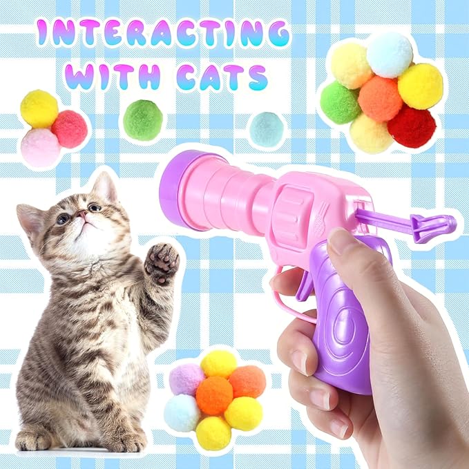 102Pcs Cat Ball Toy Launcher Gun，Cat Balls Fetch Toy - Includes 100 Colorful Plush Cat Balls and 2 Exciting Launchers Set，for Bored Indoor Adult Cats, Cute Kitten Kitty Toys