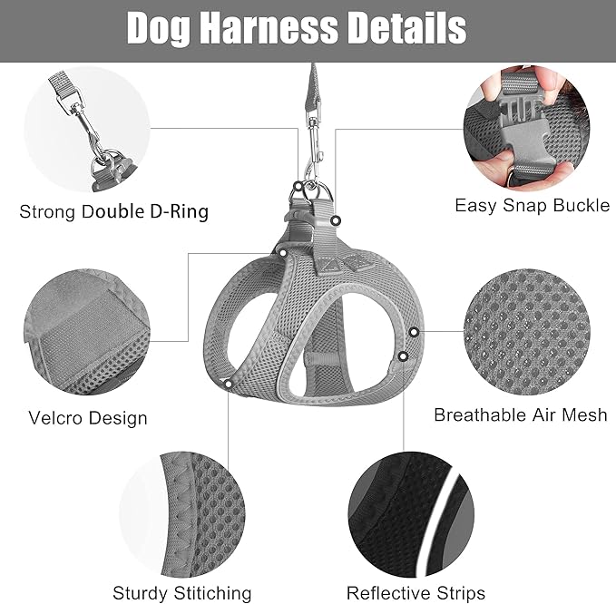 PetiFine Extra Small Step in Dog Harness and Leash Set, Cat Harness and Leash Escape Proof, All Weather Mesh Reflective, Step-in Air Vest Harnesses for Puppy(XXS, Grey)